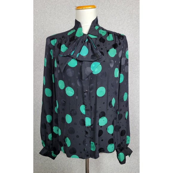 Chapnik Tops - Chapnik Vintage 100% Silk Polka Dot Bow Blouse Black Green Size 10